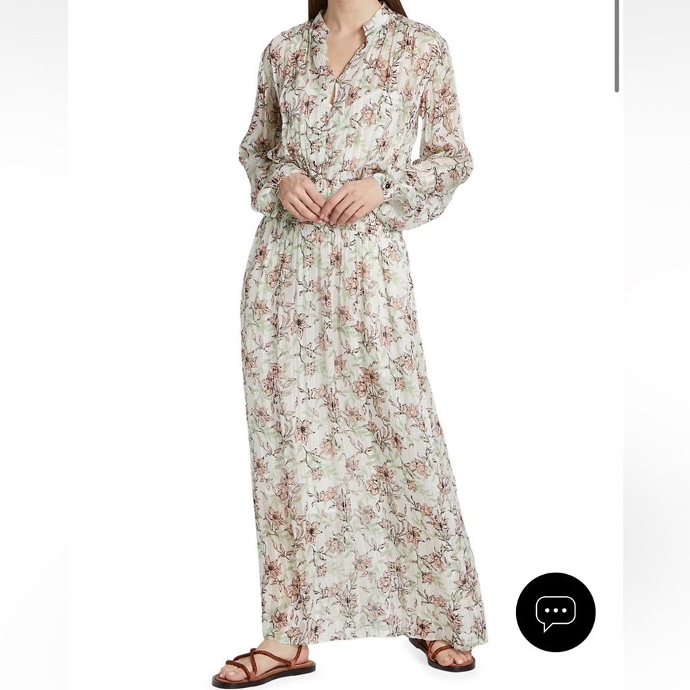 🪅Rag & Bone Silk Calista White Floral Maxi Long Sleeve V Neck Dress Pink XL